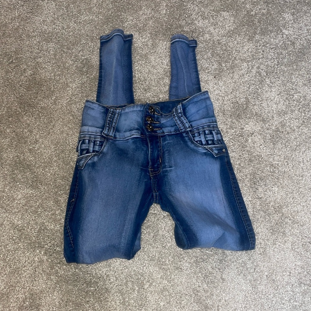 Up River blue chambray wash skinny jeans details booty ridges size 7 - Picture 2 of 16